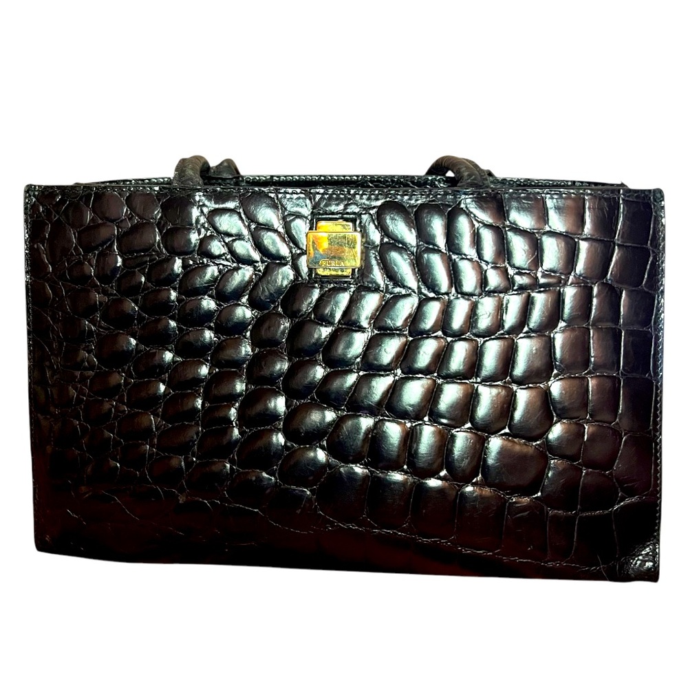 Furla Black Crocodile-Embossed Black Gold Leather Tote Bag Purse
